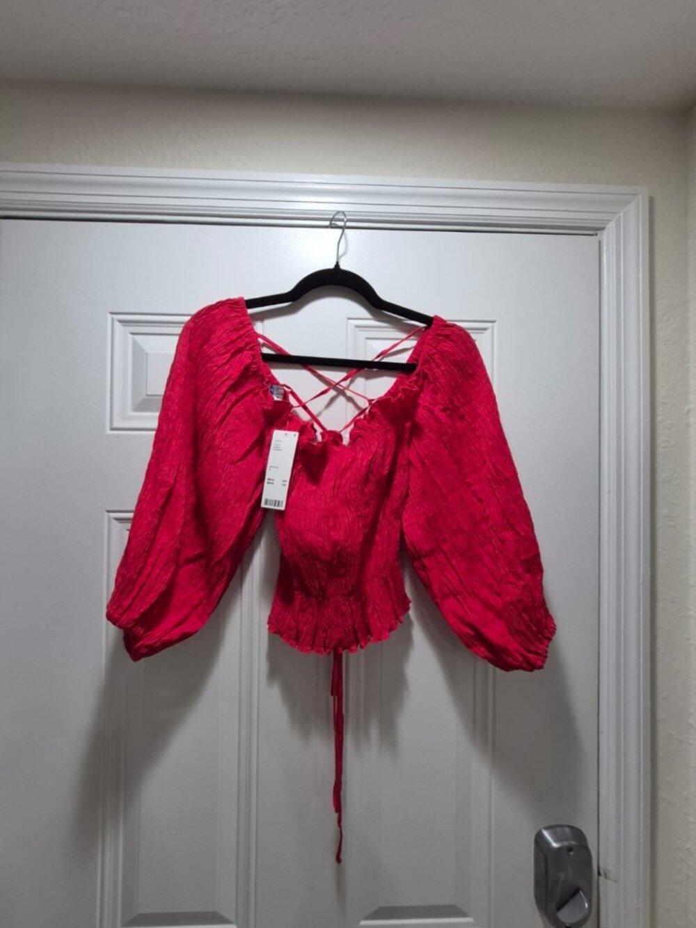 Urban Outfitter Red Smocked Off Shoulder Blouse Size S LaceUp Back Balloon Sleev